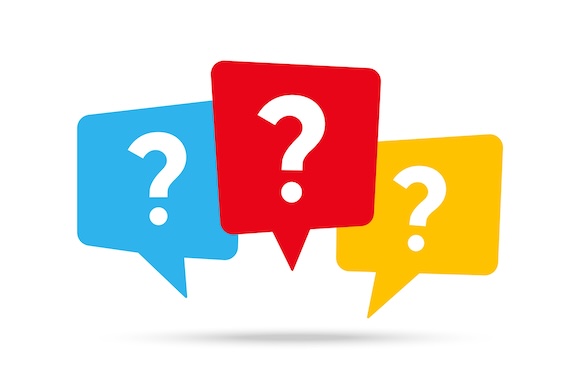 Three speech balloons, each with a question mark inside